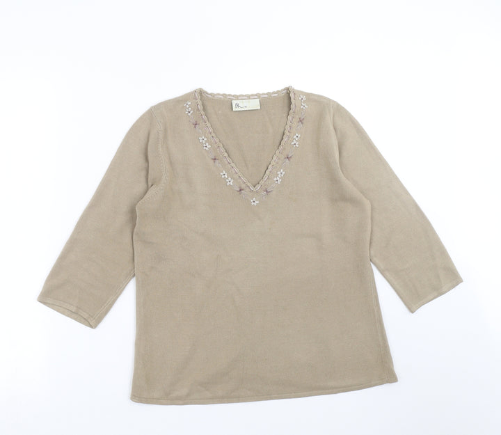 BHS Womens Brown Knit Pullover Jumper Size 12 - Floral embroidery