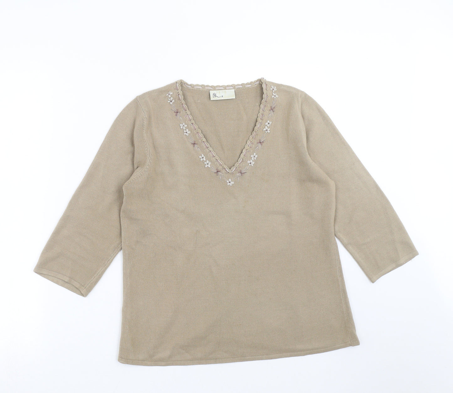 BHS Womens Brown  Knit Pullover Jumper Size 12  - Floral embroidery