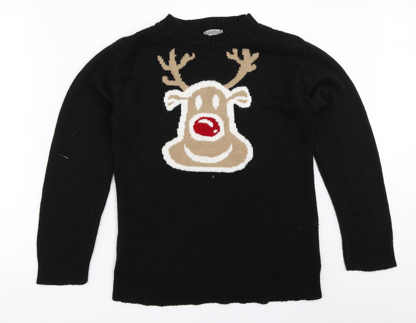 Dazzling Womens Black   Pullover Jumper Size M  - christmas reindeer rudolph