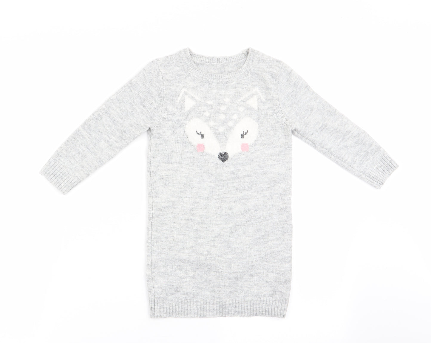 Nutmeg Girls Grey Animal Print  Pullover Jumper Size 3-4 Years  - Fox Face