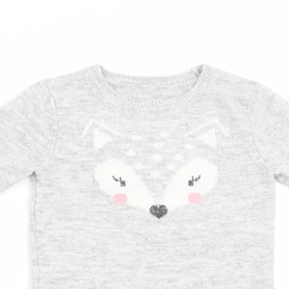 Nutmeg Girls Grey Animal Print  Pullover Jumper Size 3-4 Years  - Fox Face