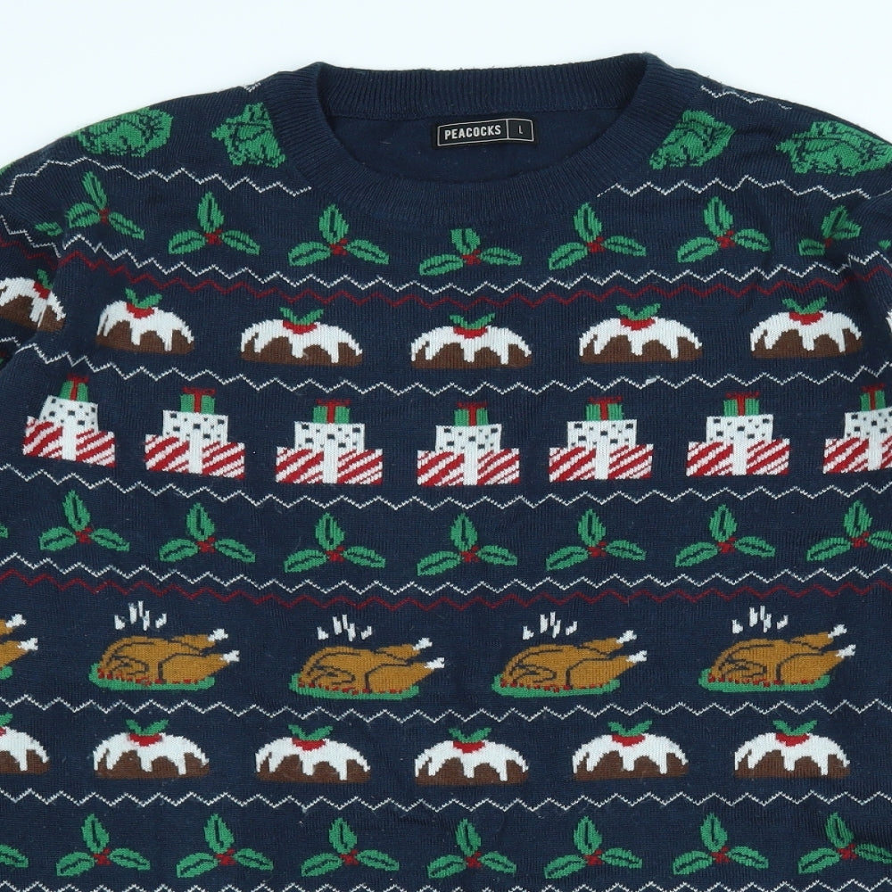 Peacocks Mens Blue   Pullover Jumper Size L  - Christmas Jumper