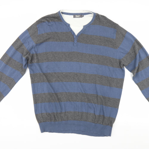 Trait Mens Blue Striped  Henley Jumper Size XL