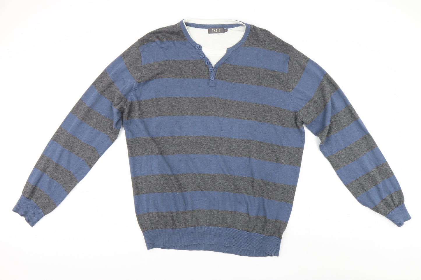Trait Mens Blue Striped  Henley Jumper Size XL