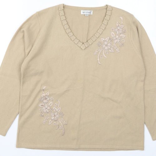Fay Louise Womens Beige  Knit Pullover Jumper Size M  - Floral Embroidery