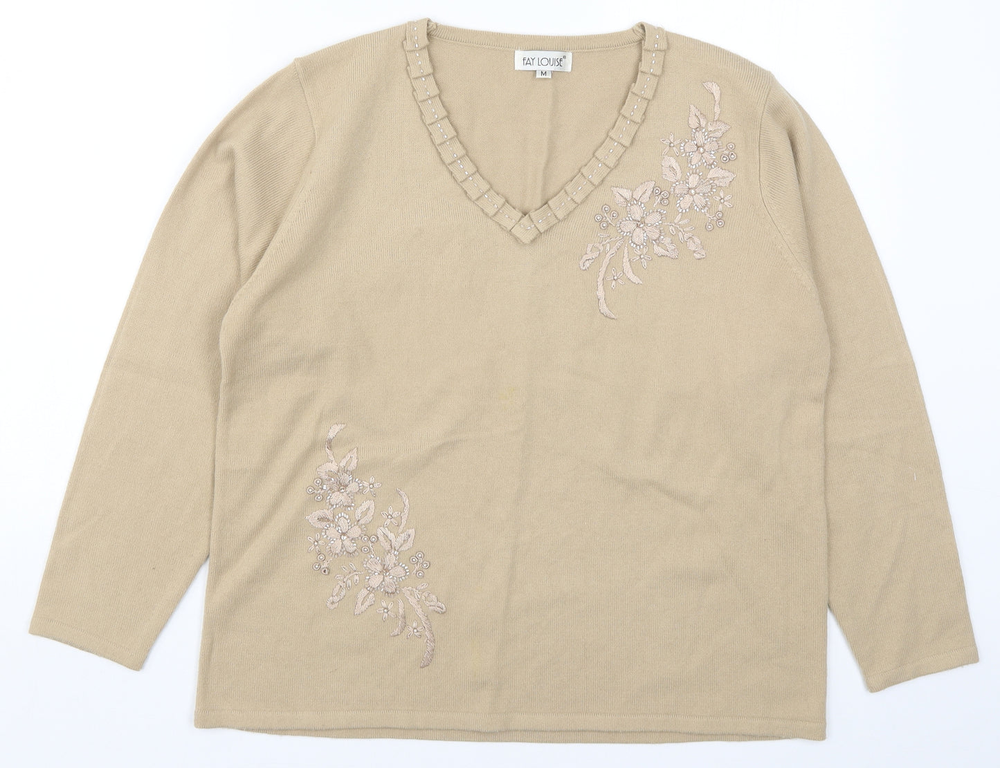 Fay Louise Womens Beige  Knit Pullover Jumper Size M  - Floral Embroidery