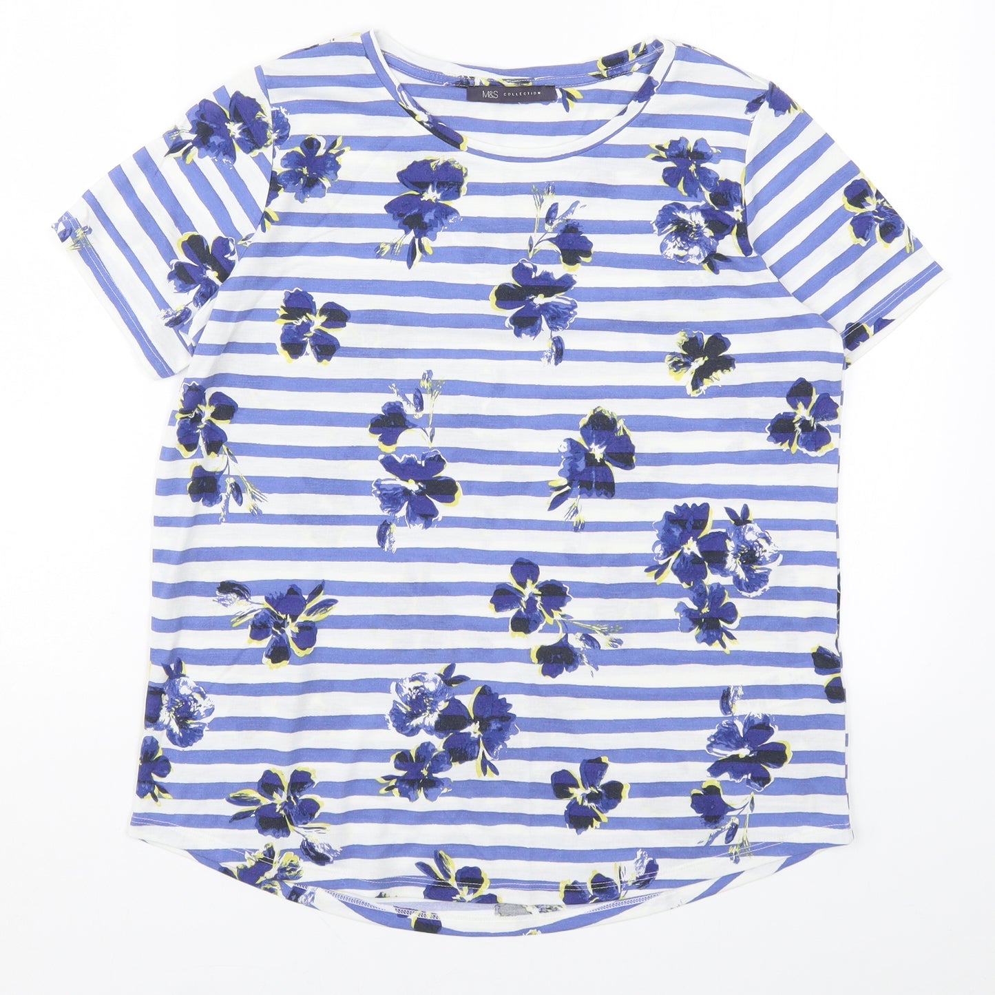 Marks and Spencer Womens Blue Striped  Basic T-Shirt Size 12  - Blue Flowers