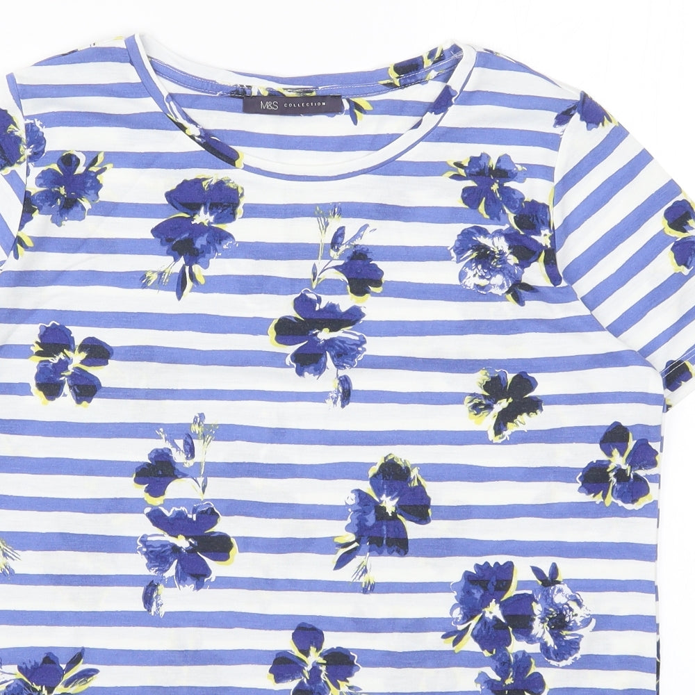 Marks and Spencer Womens Blue Striped  Basic T-Shirt Size 12  - Blue Flowers