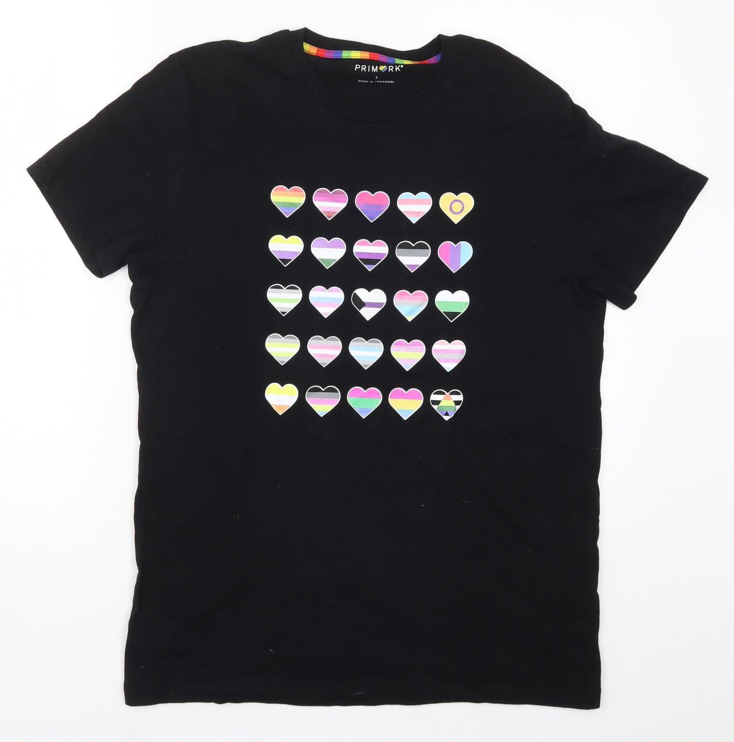 Primark Mens Black    T-Shirt Size L  - Pride Hearts