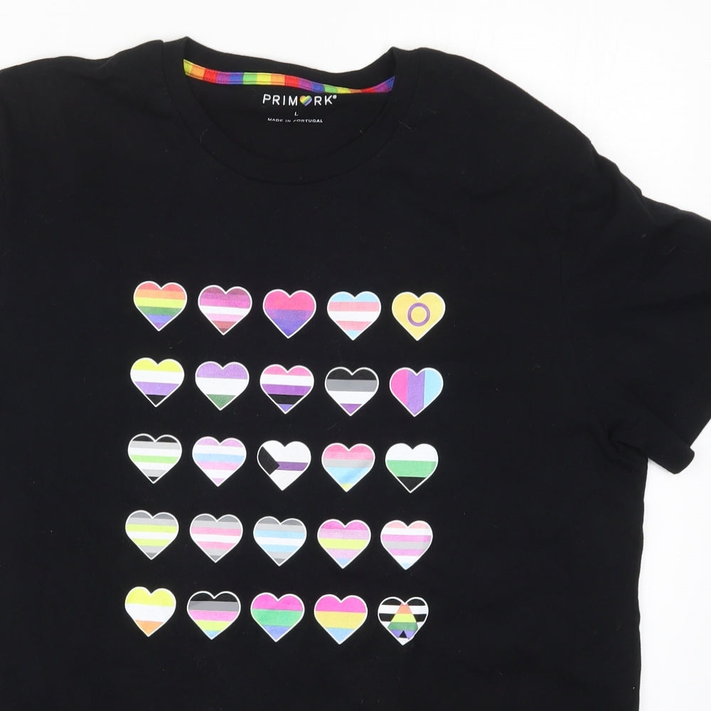 Primark Mens Black    T-Shirt Size L  - Pride Hearts