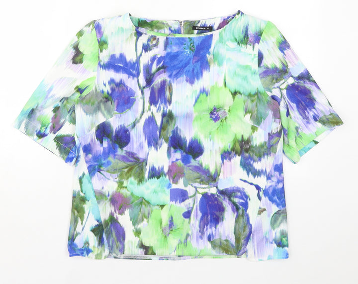 Roman Womens Blue Floral Basic T-Shirt Size 10 - Green
