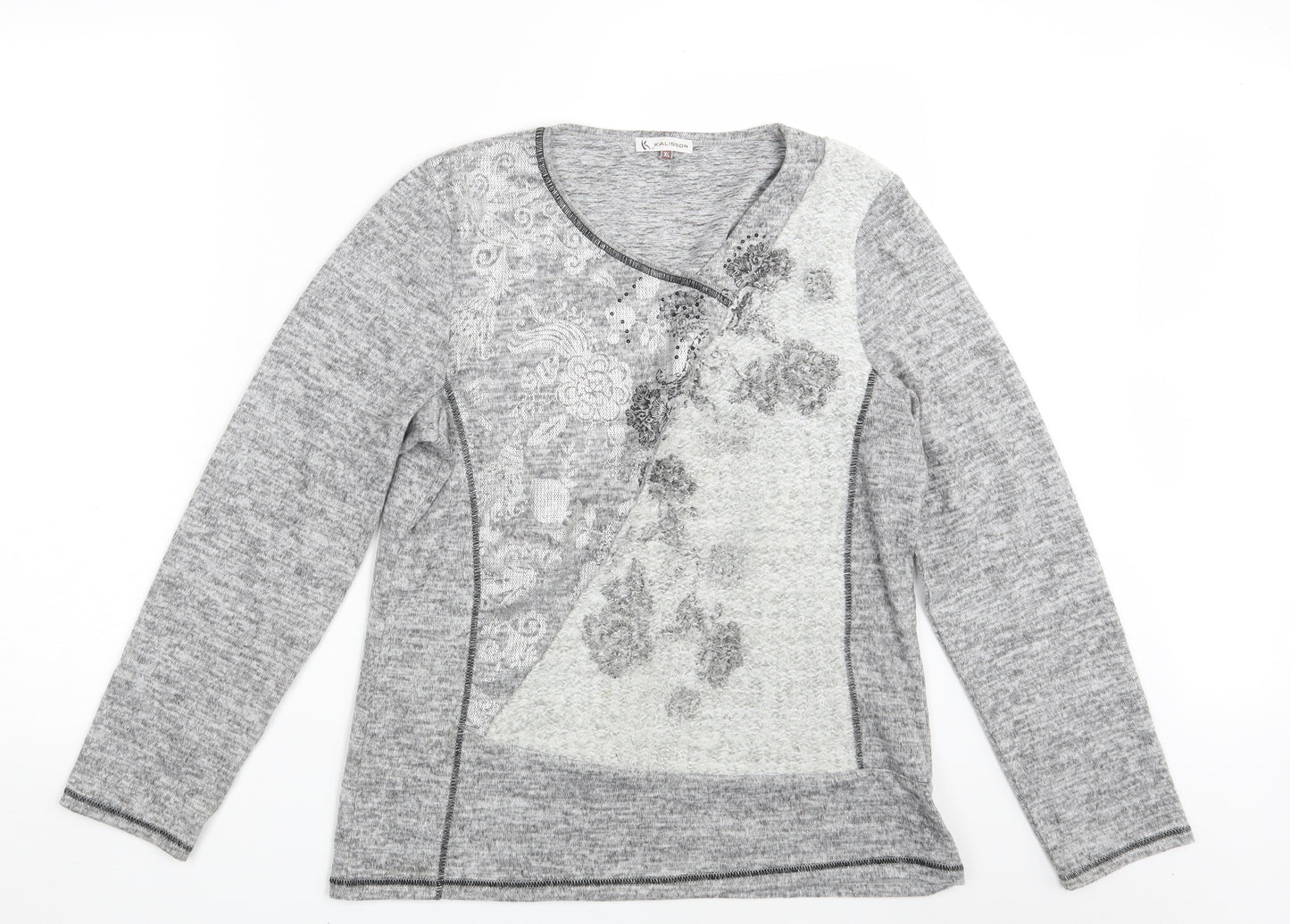 Kalisson Womens Grey Floral  Pullover Sweatshirt Size XL