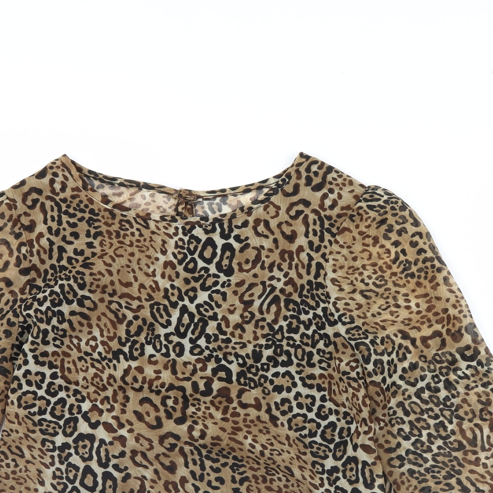 Preworn Womens Brown Animal Print  Basic Blouse Size 8
