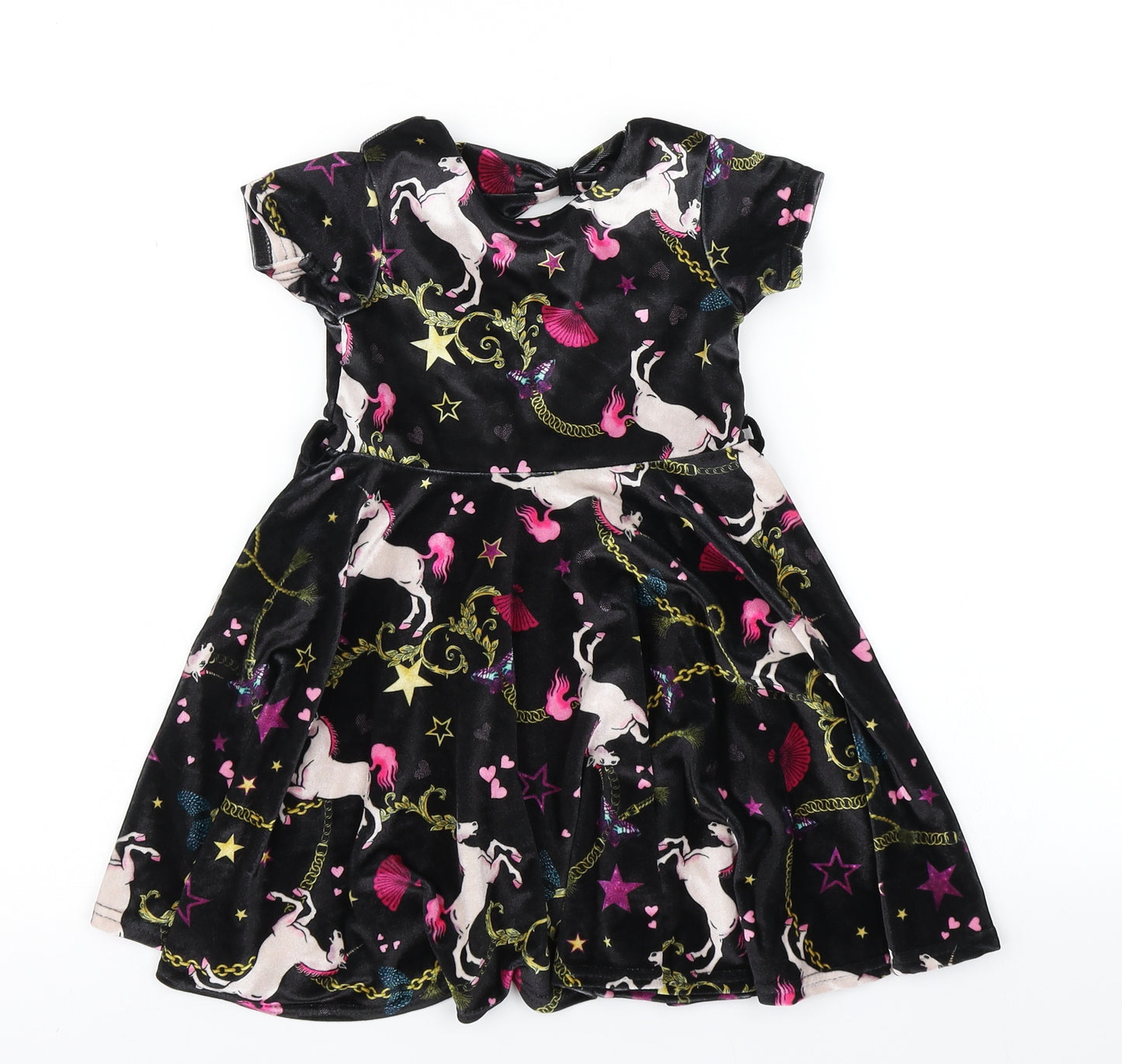 M&Co Girls Black Spotted  Skater Dress  Size 3-4 Years  - Unicorn Print