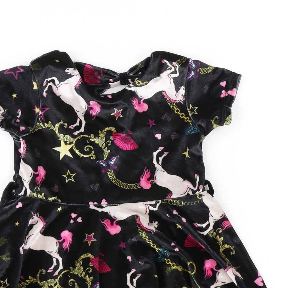 M&Co Girls Black Spotted  Skater Dress  Size 3-4 Years  - Unicorn Print