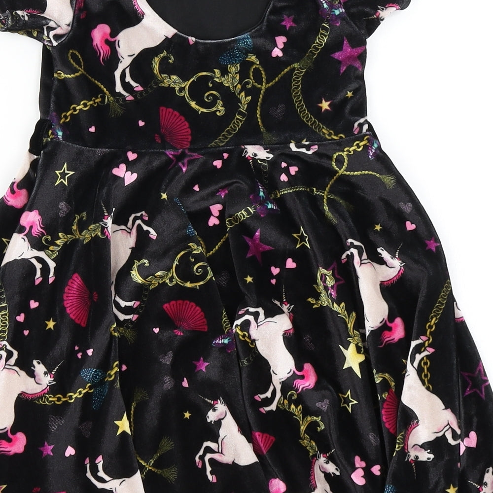 M&Co Girls Black Spotted  Skater Dress  Size 3-4 Years  - Unicorn Print