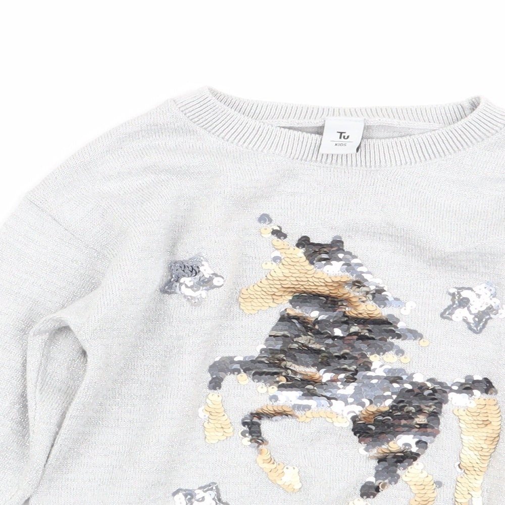 TU Girls Grey Animal Print  Pullover Jumper Size 4 Years