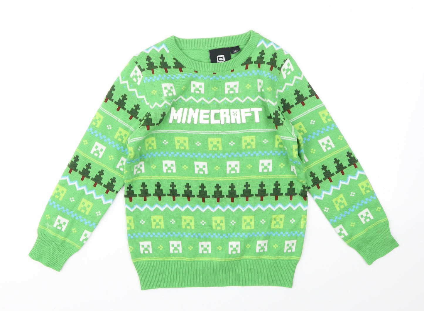 Primark Boys Green Geometric  Pullover Jumper Size 7-8 Years  - MINECRAFT