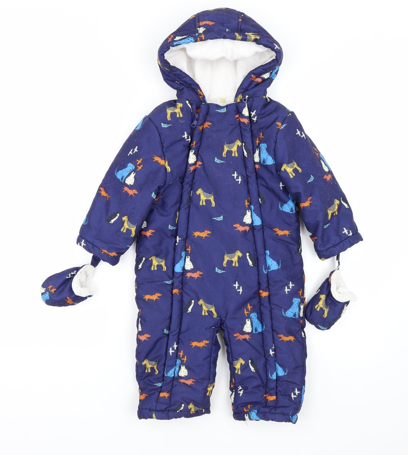 John Lewis Baby Blue Animal Print  Puffer Jacket Snowsuit Size 12-18 Months  - Dogs