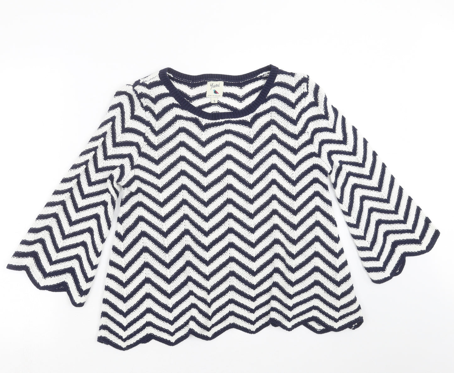 Yumi Womens Blue Geometric Knit Pullover Jumper Size S