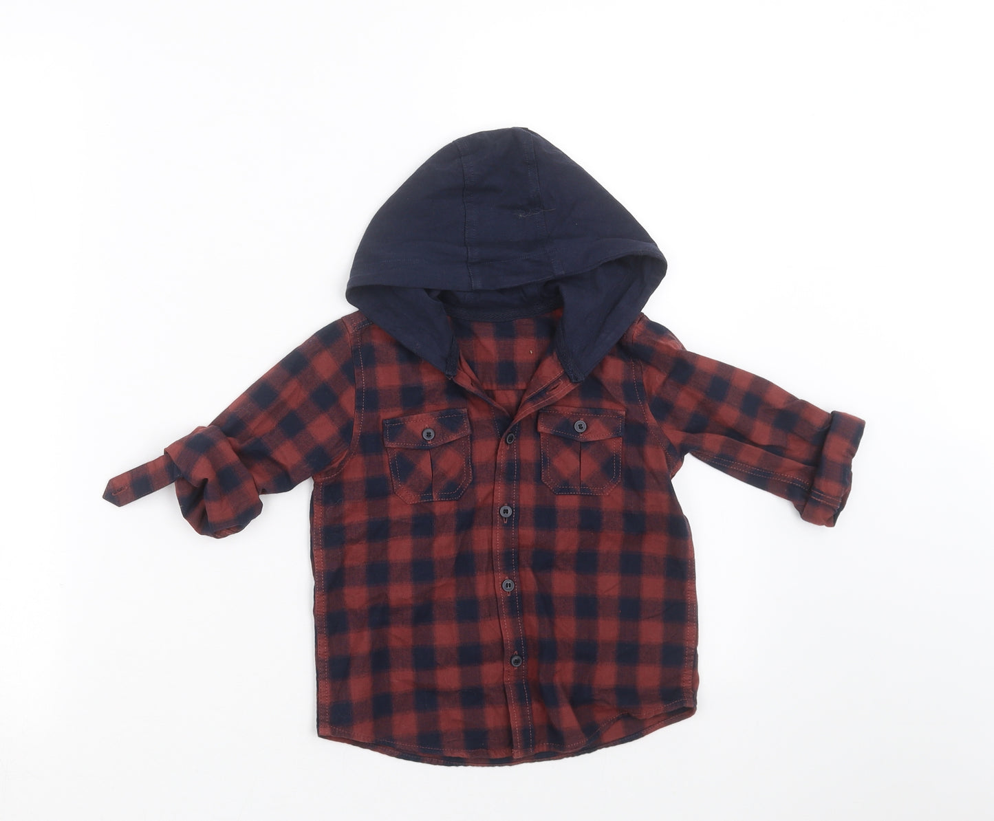 Mothercare Boys Blue Check  Basic Button-Up Size 2-3 Years  - hooded
