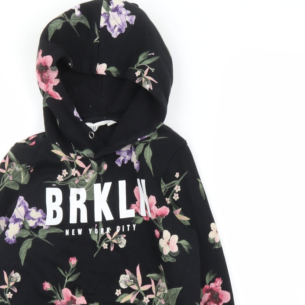 H&M Girls Black Floral  Pullover Hoodie Size 13 Years