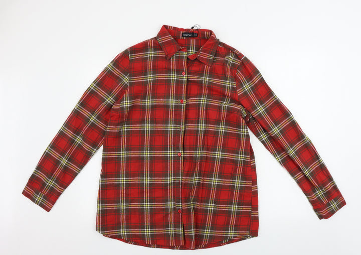 Boohoo Womens Red Check Basic Button-Up Size 10