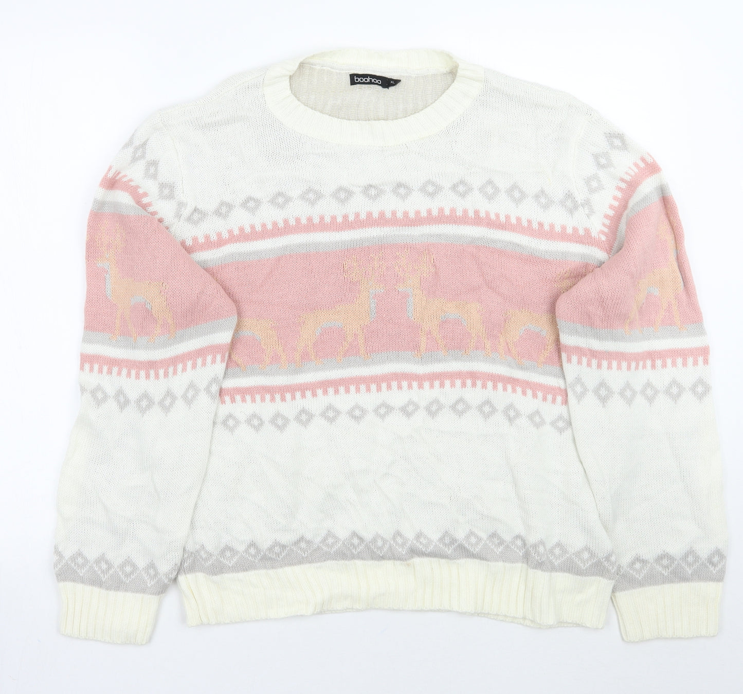 Boohoo Womens White Fair Isle  Pullover Jumper Size XL