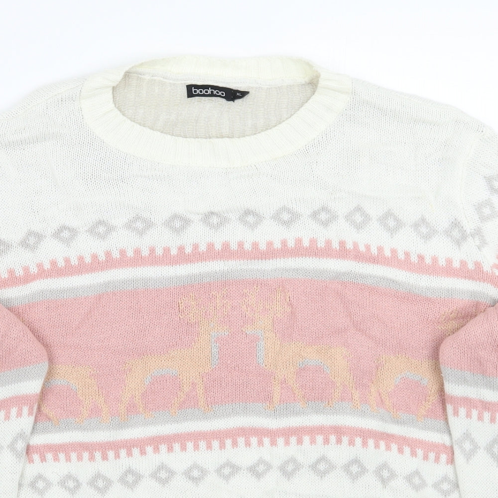 Boohoo Womens White Fair Isle  Pullover Jumper Size XL