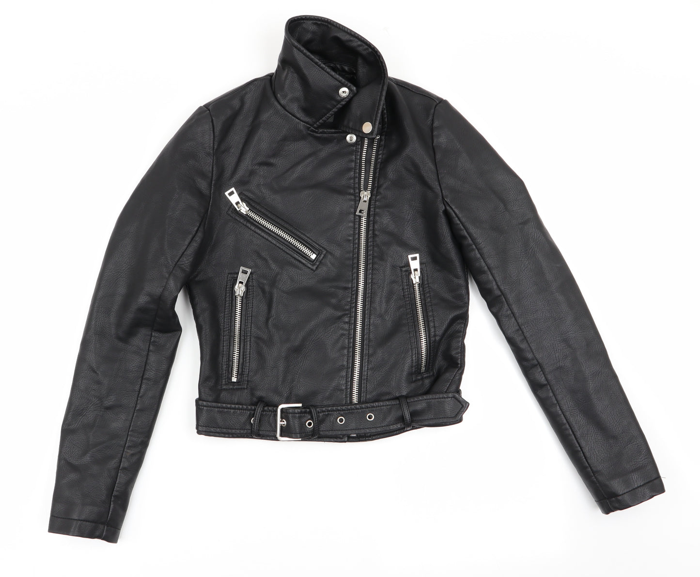 Primark Womens Black   Biker Coat Size 4  - Faux Leather Jacket