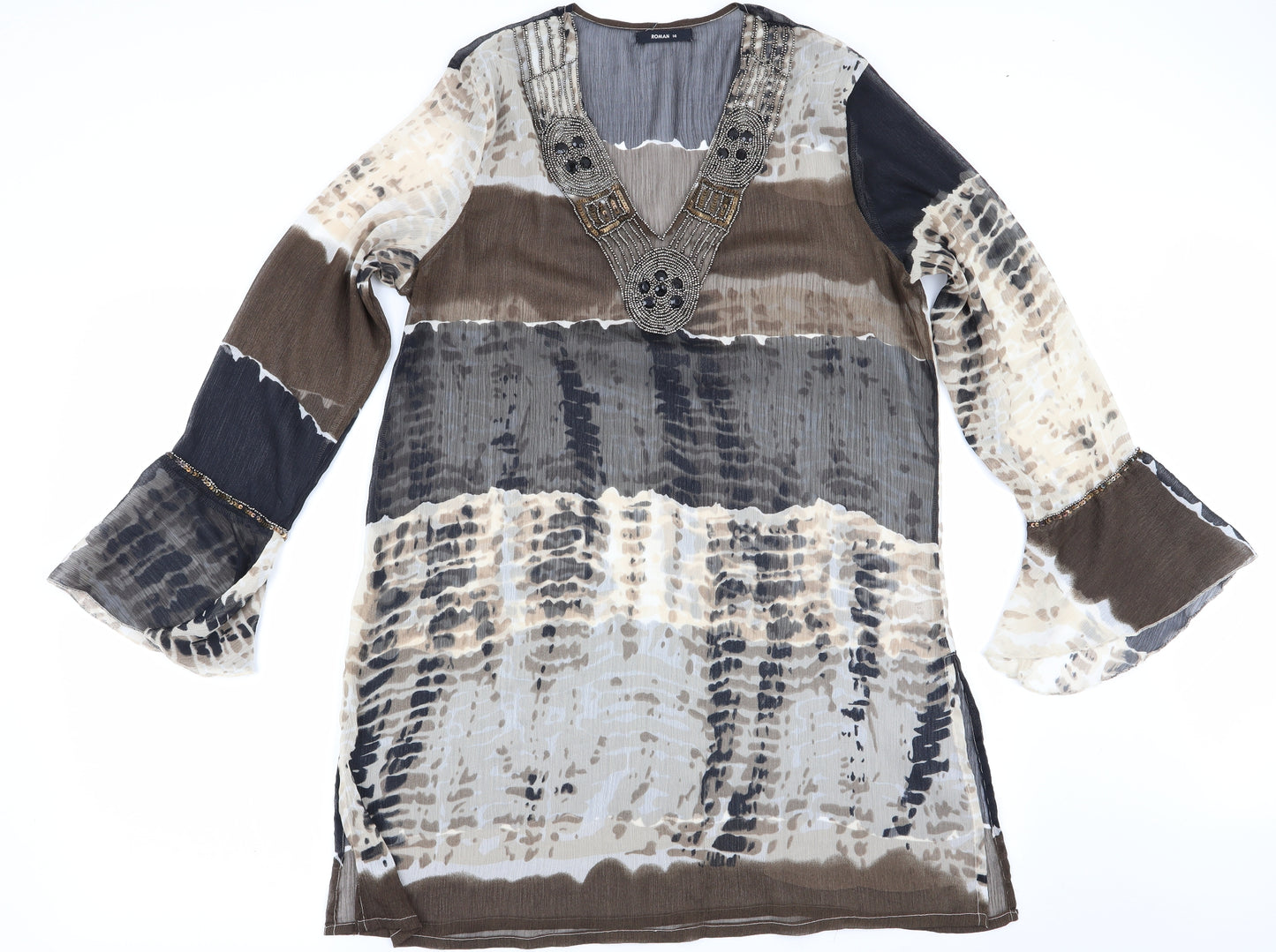 Roman Womens Brown Striped  Tunic Blouse Size 14