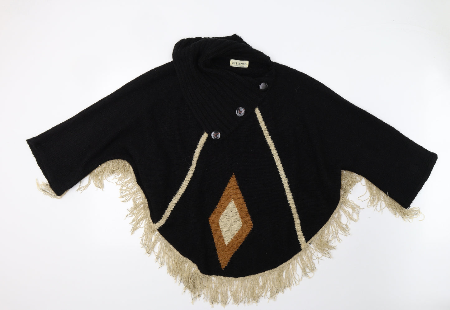 Ditienee Womens Black Geometric Knit Overcoat Poncho One Size