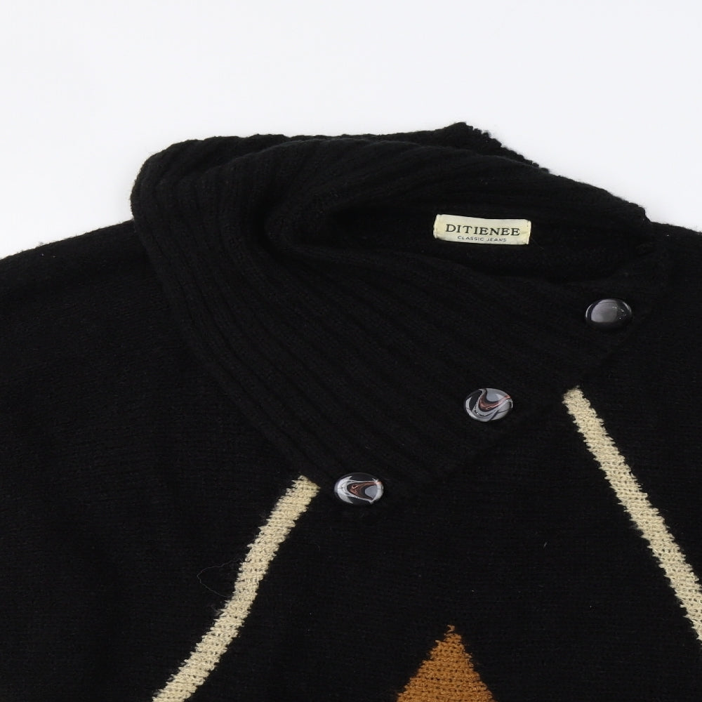 Ditienee Womens Black Geometric Knit Overcoat Poncho One Size