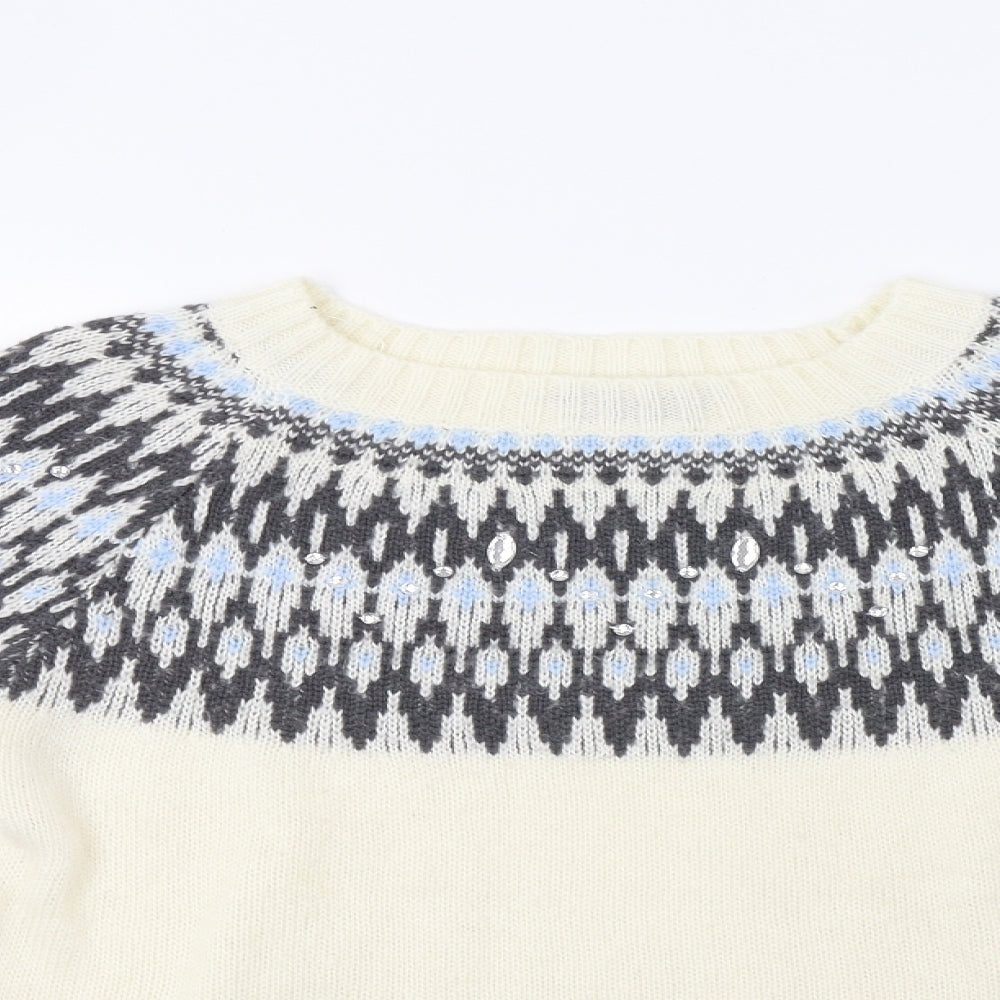 Dorothy Per Womens Ivory Fair Isle  Pullover Jumper Size 12  - Embellished