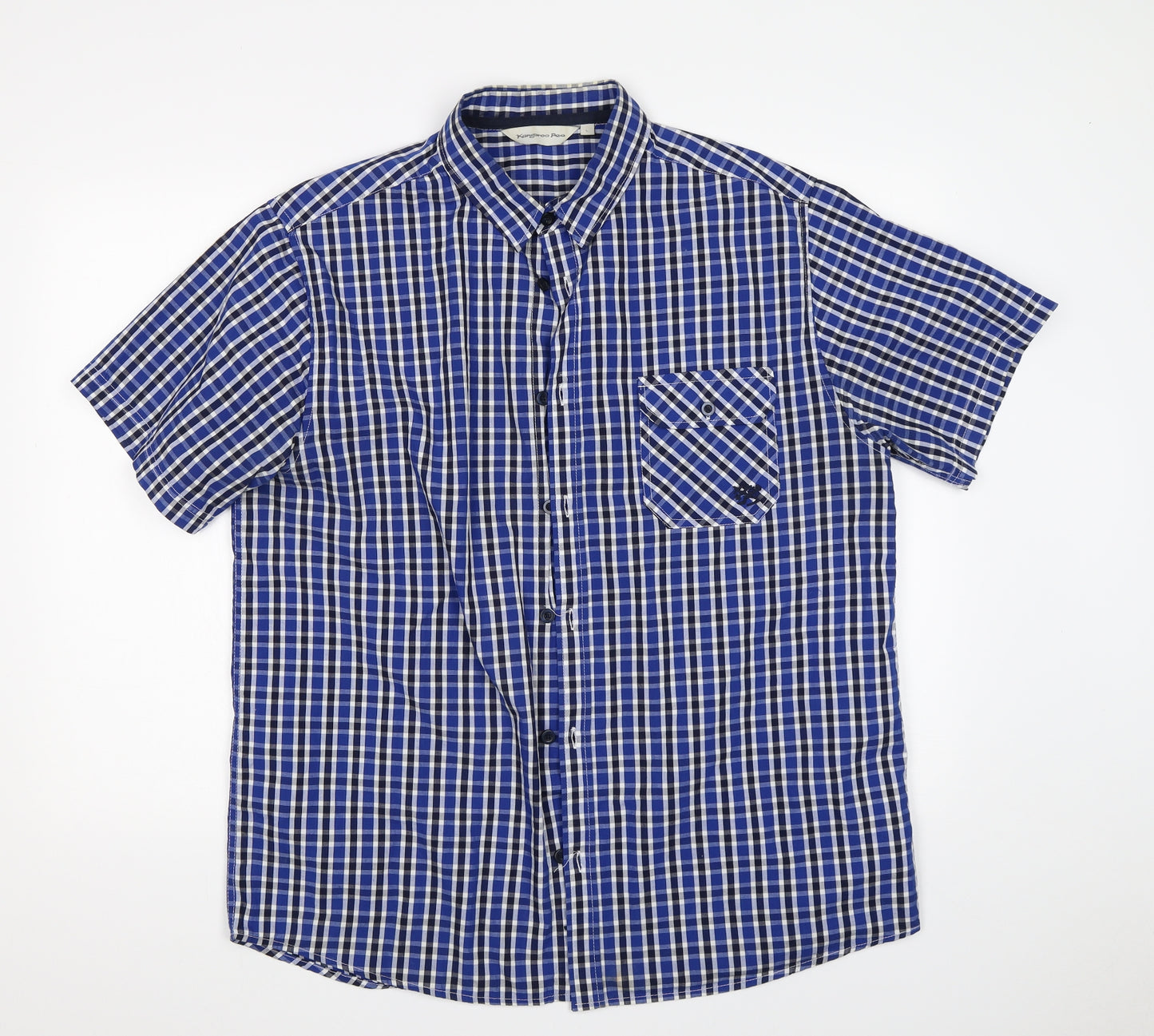 KANGAROO POO Mens Blue Check   Button-Up Size L