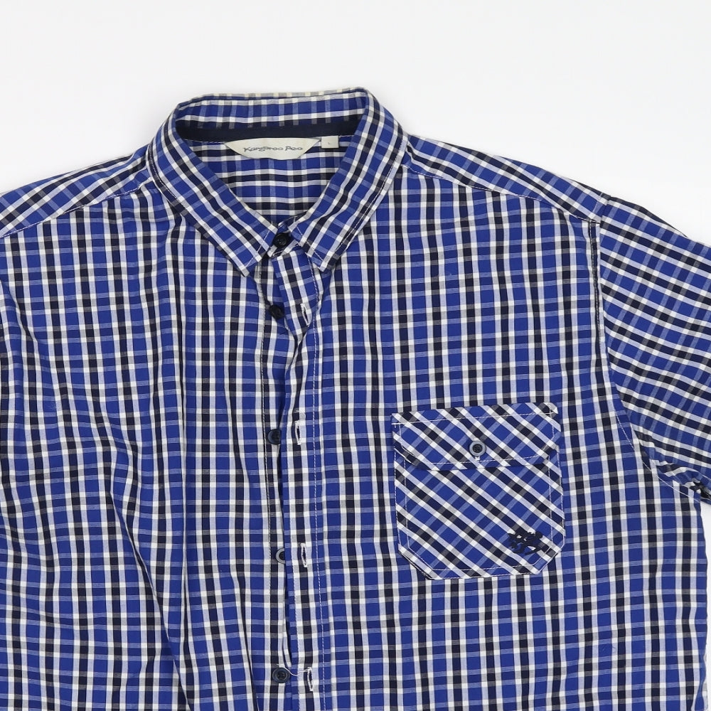 KANGAROO POO Mens Blue Check   Button-Up Size L