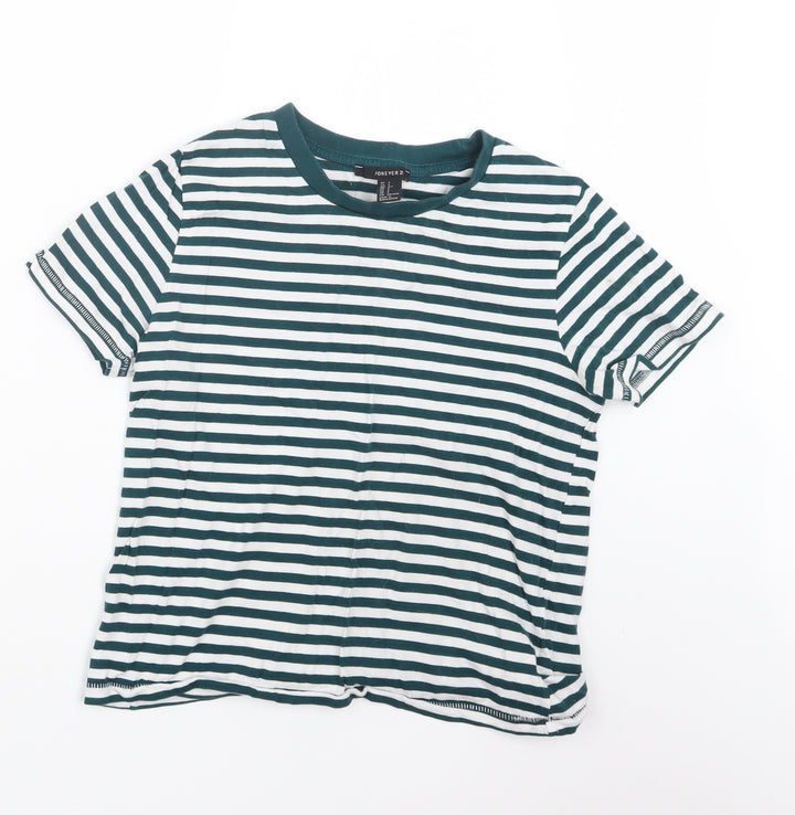FOREVER 21 Womens Green Striped Basic T-Shirt Size S