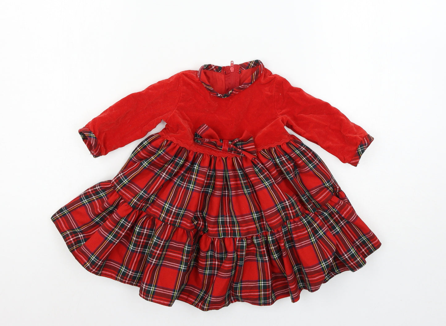Preworn Girls Red Plaid Jersey Skater Dress  Size 9-12 Months