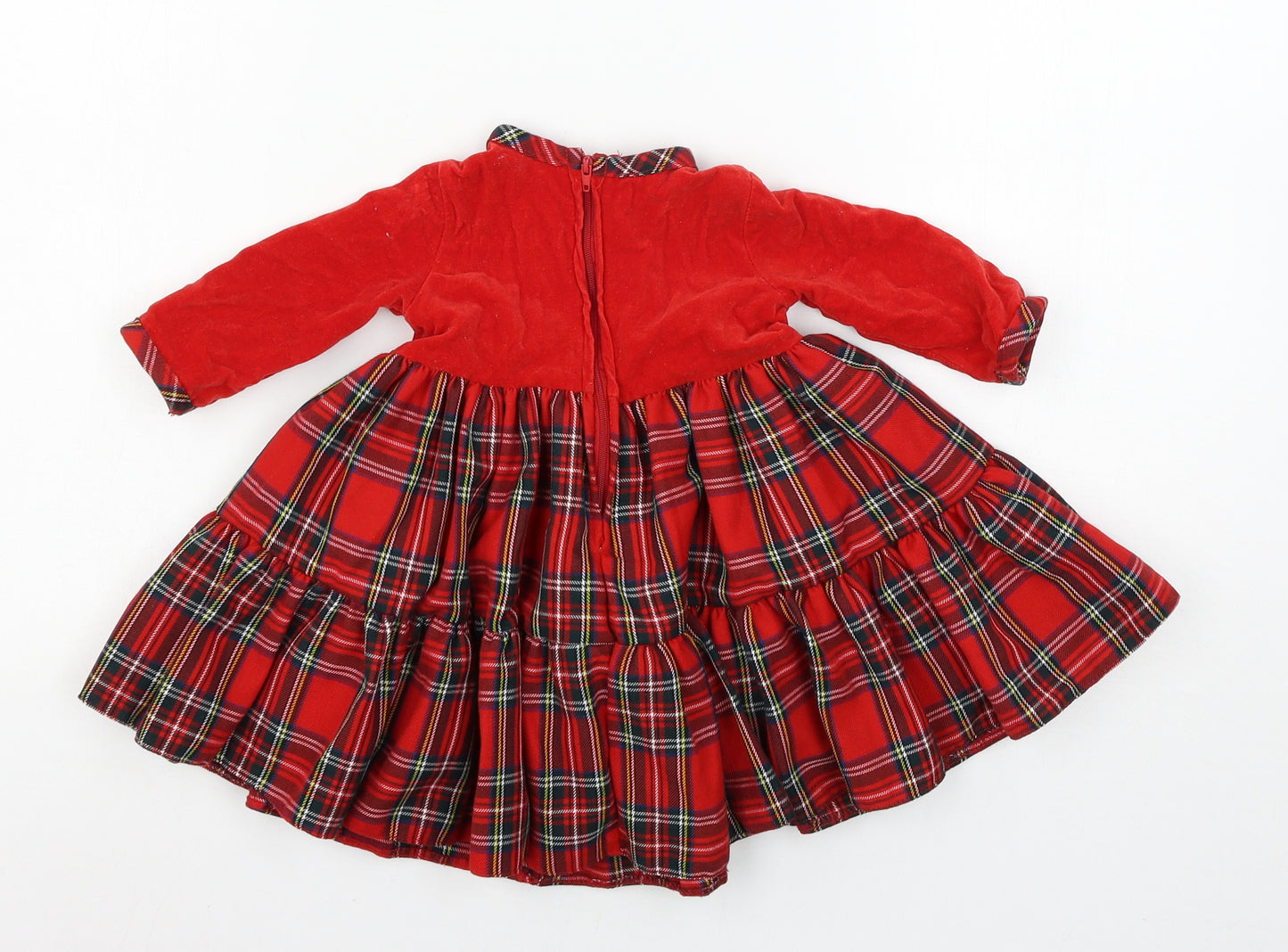 Preworn Girls Red Plaid Jersey Skater Dress  Size 9-12 Months