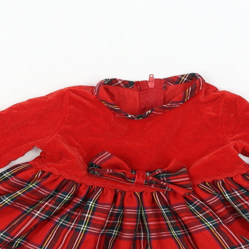 Preworn Girls Red Plaid Jersey Skater Dress  Size 9-12 Months