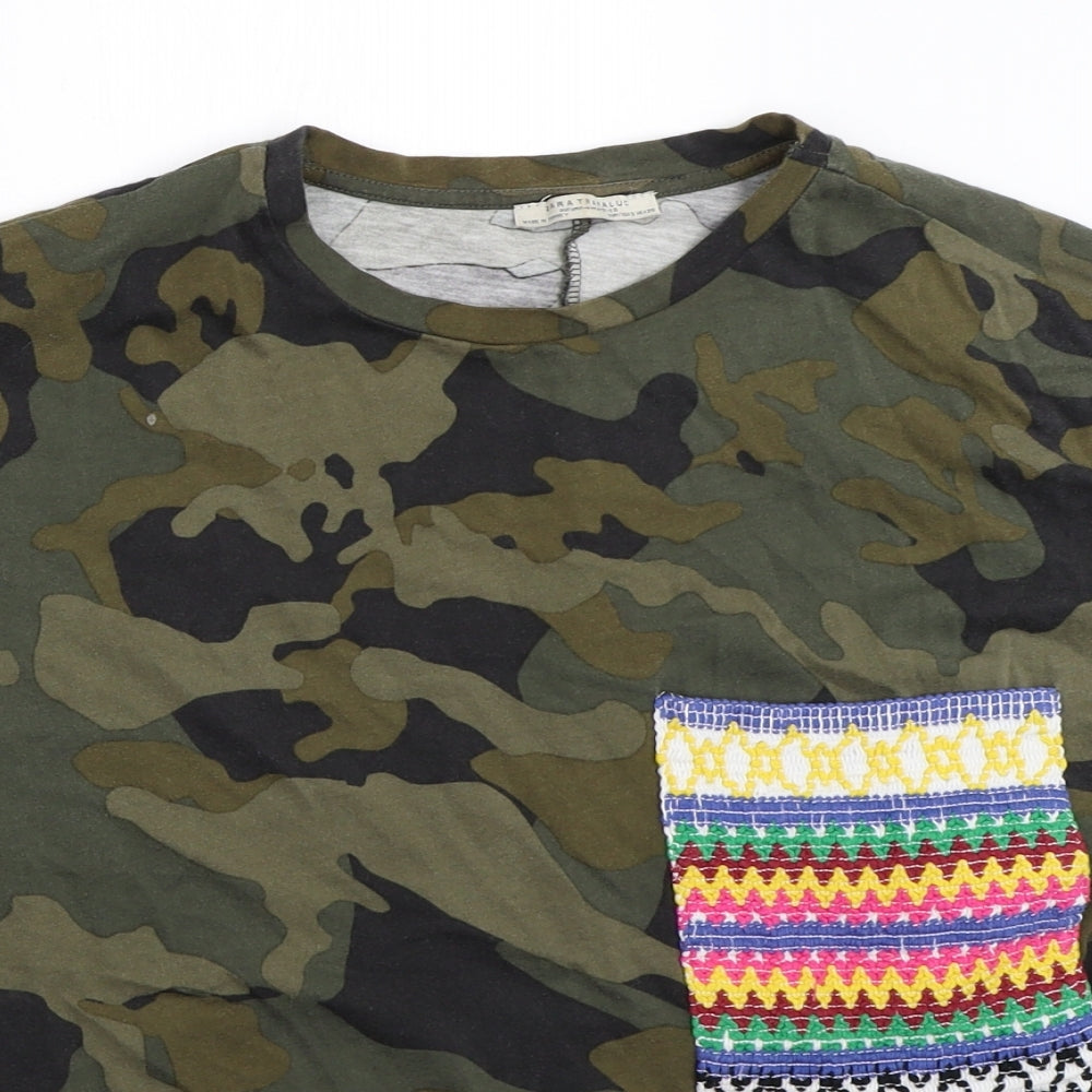 Zara Womens Green Camouflage  Basic T-Shirt Size S