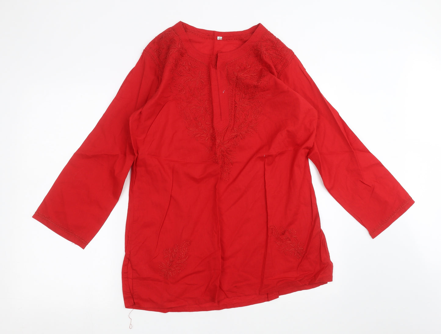 Preworn Womens Red   Basic Blouse Size 16  - Floral embroidery