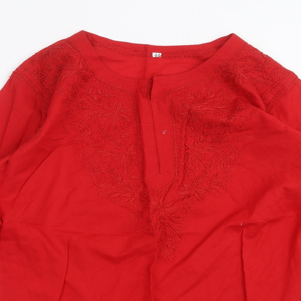 Preworn Womens Red   Basic Blouse Size 16  - Floral embroidery