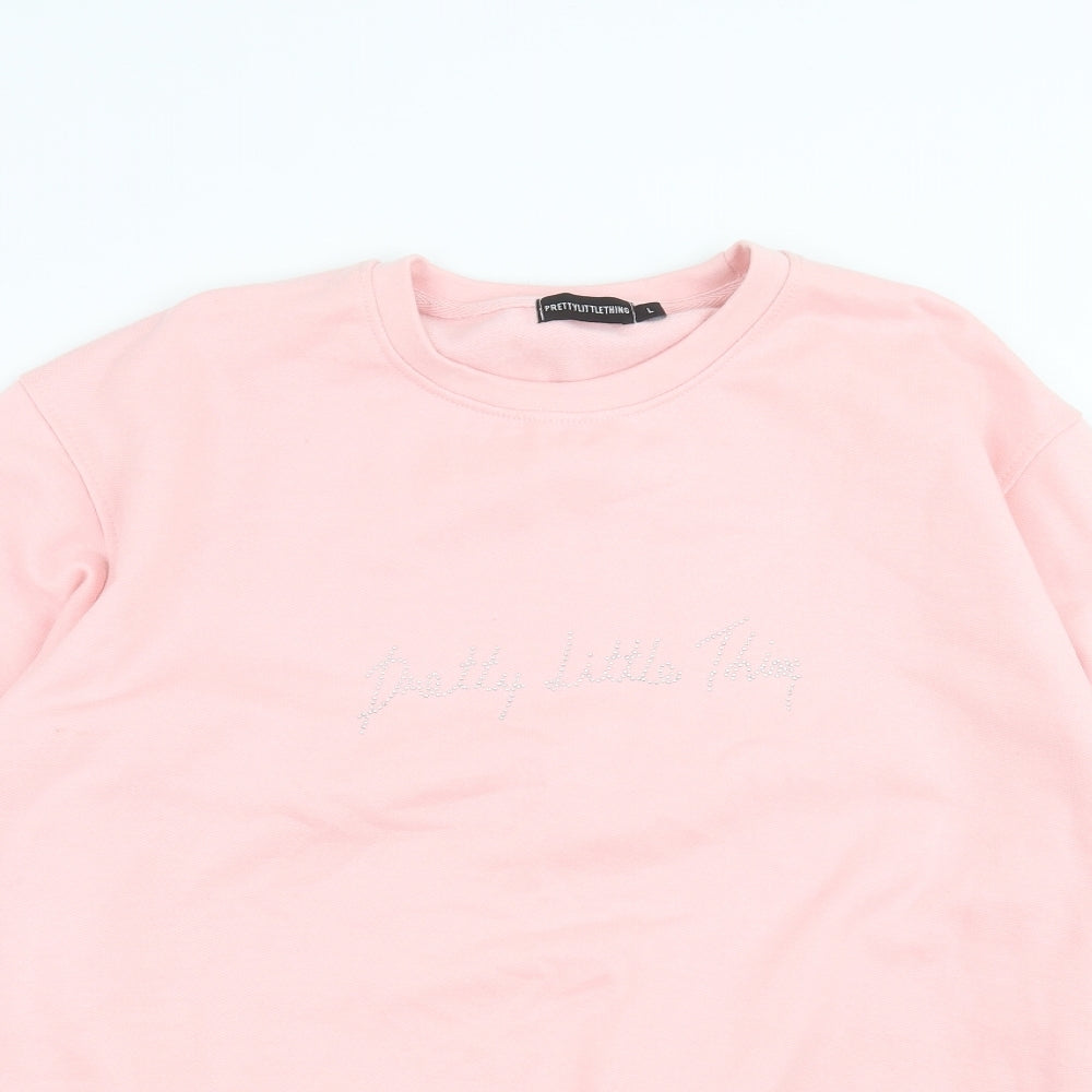 PRETTYLITTLETHING Womens Pink   Pullover Sweatshirt Size L  - Rhinestone detail