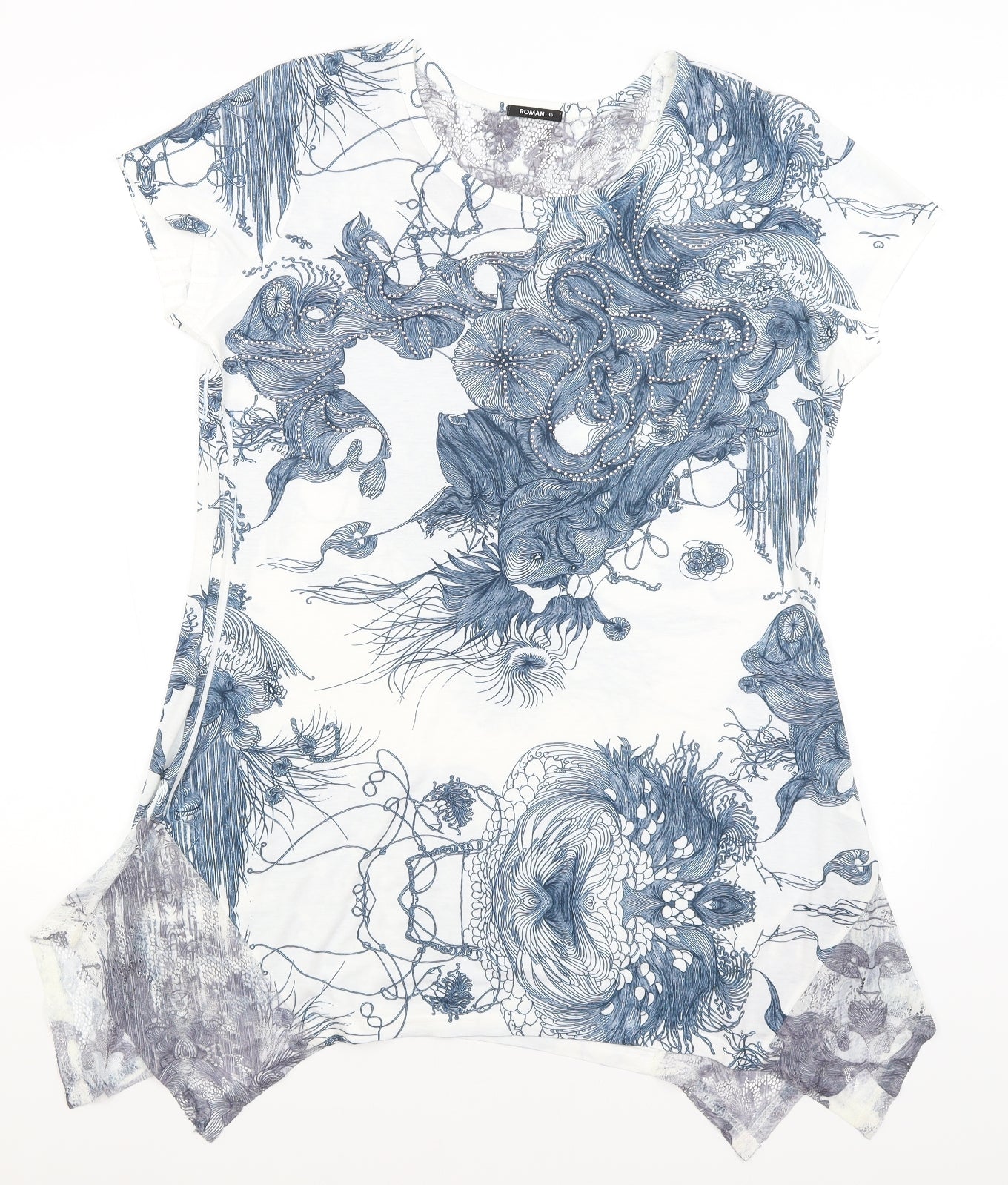 Roman Womens White Paisley  Basic T-Shirt Size 16