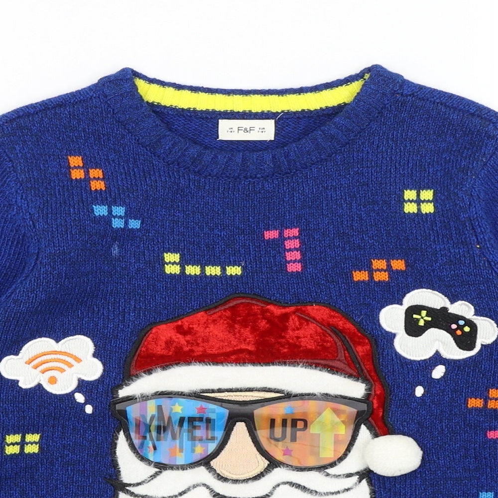 F&F Boys Blue   Pullover Jumper Size 7-8 Years  - Santa