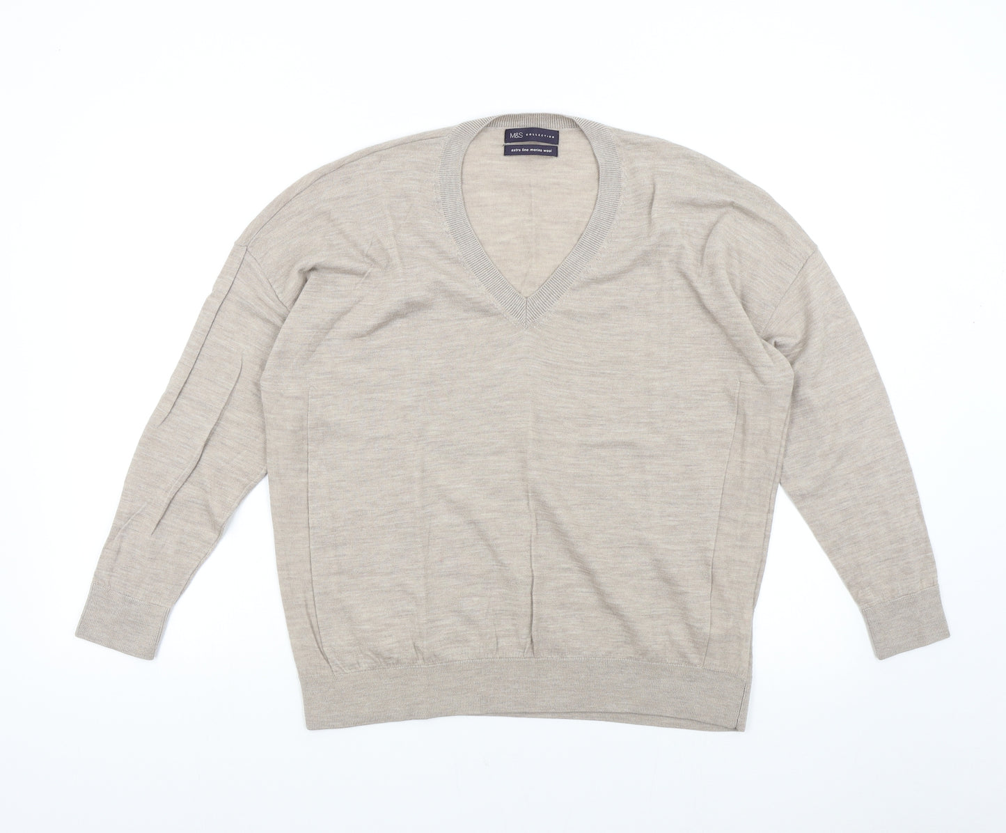 M&S Mens Beige  Knit Pullover Jumper Size L  - Extra Fine Merino Wool