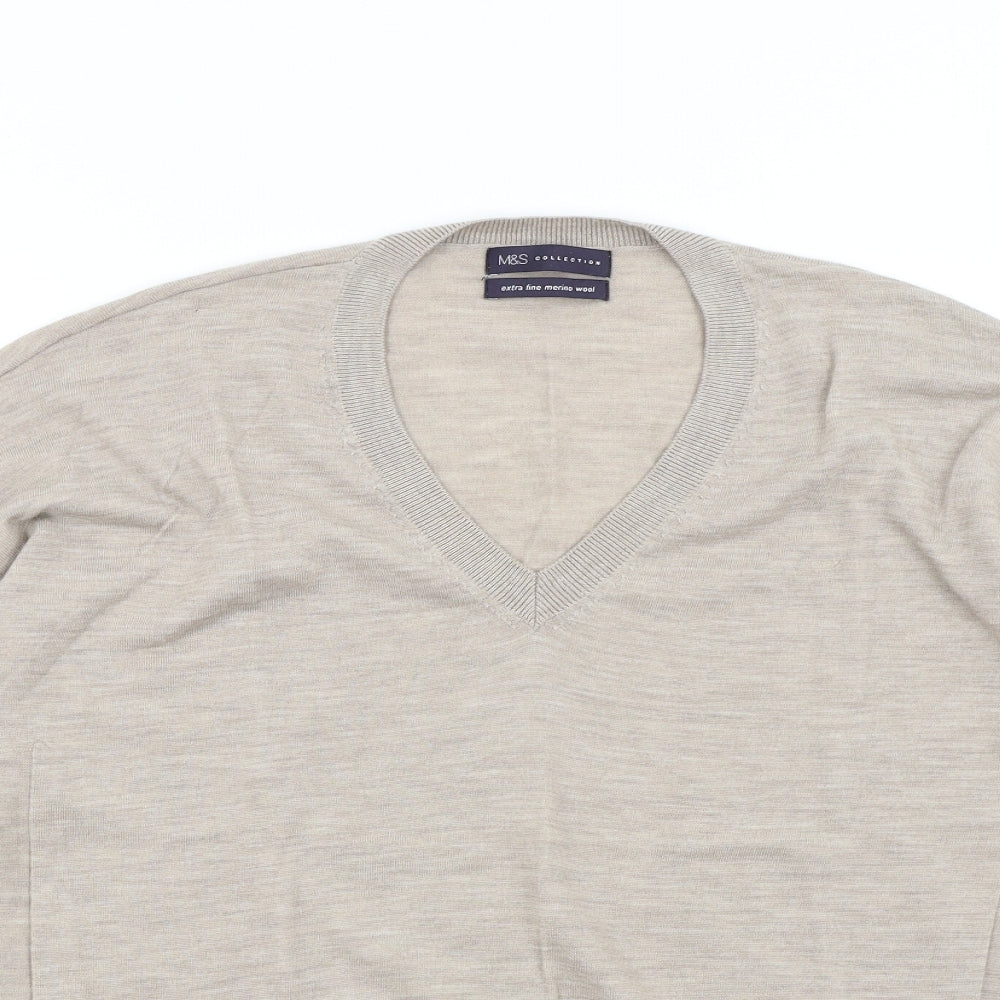 M&S Mens Beige  Knit Pullover Jumper Size L  - Extra Fine Merino Wool