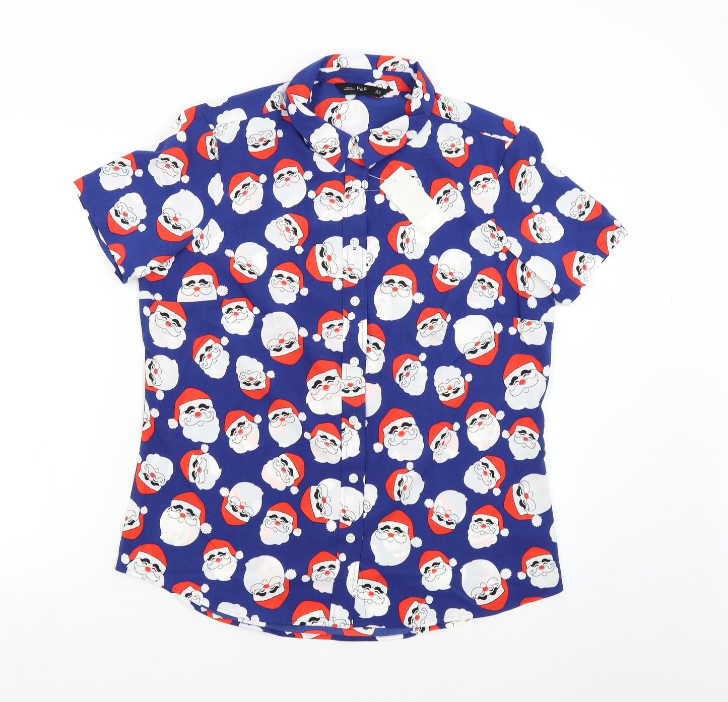 F&F Womens Blue   Basic Button-Up Size 14  - Christmas Santa