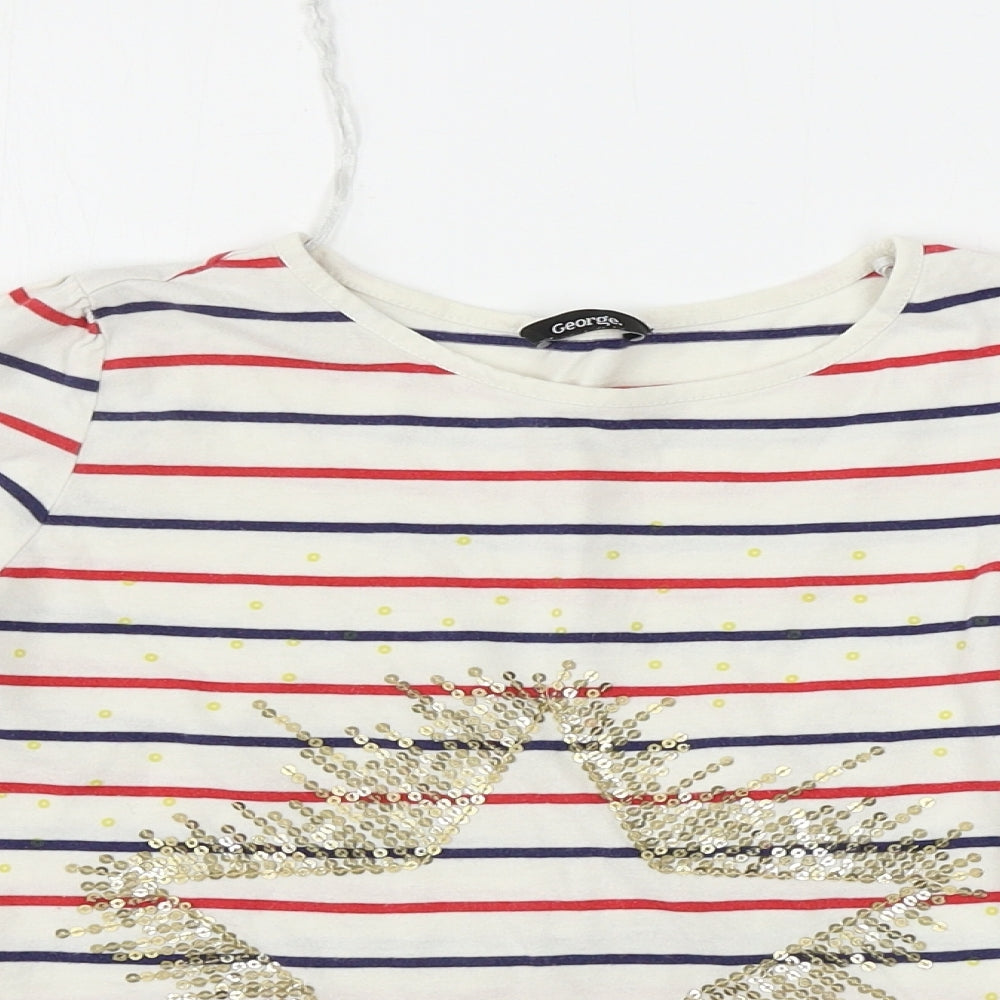 George  Girls White Striped  Basic T-Shirt Size 10-11 Years
